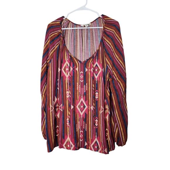 Savanna Jane Peasant Blouse Plus Size 1X Boho Embroidered Striped Aztec Colorful - Picture 1 of 5